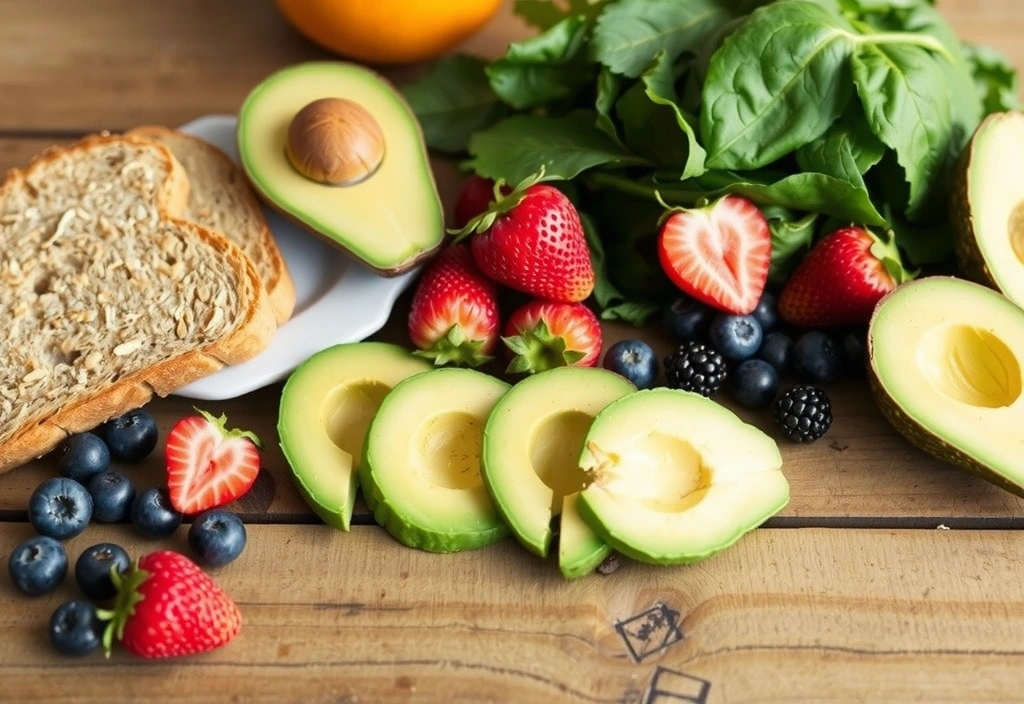 Frisches Obst und Gemüse auf einem Holztisch, symbolisch für einen gesunden Start in den Tag.