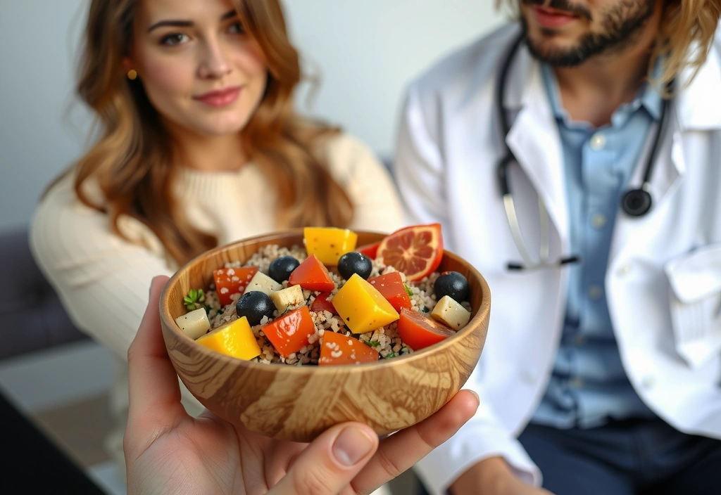 Eine Hand hält eine Schüssel mit allergenfreien Lebensmitteln, während im Hintergrund eine Ärztin mit einem Patienten spricht.