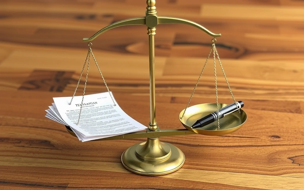 Eine Waage, die Recht und Gerechtigkeit symbolisiert, mit einem Dokument auf der einen Seite und einem Stift auf der anderen.